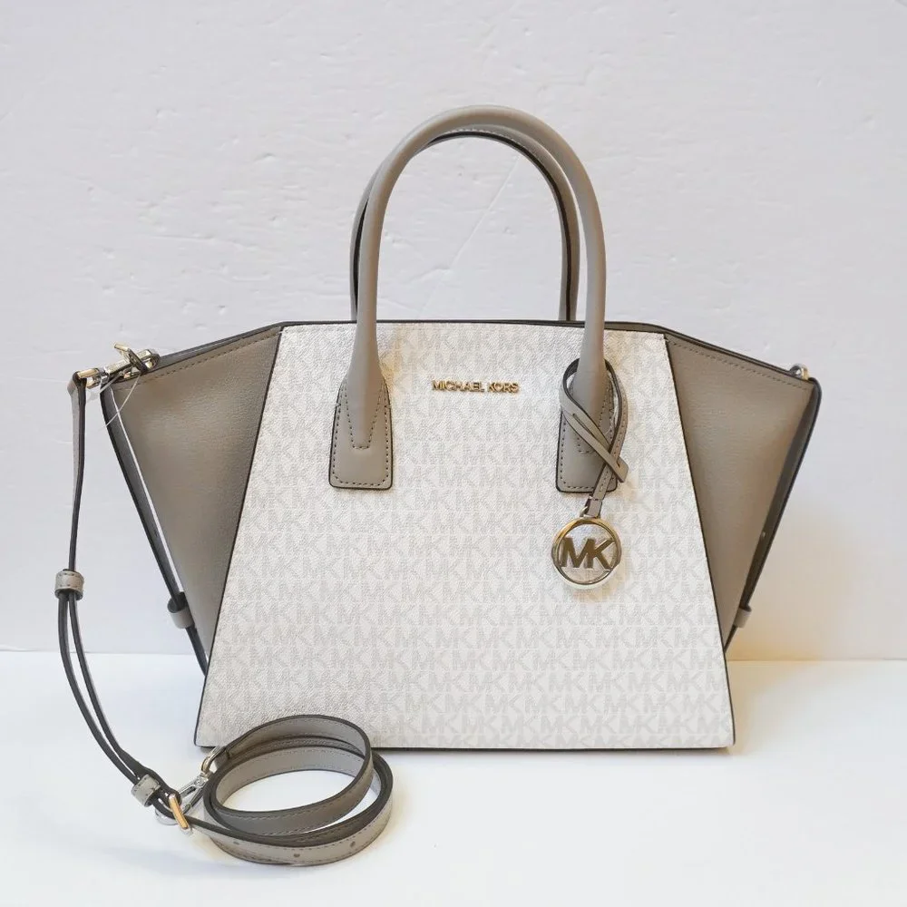 Michael Kors Avril Large Top Zip Satchel Shoulder Bag MK White Grey